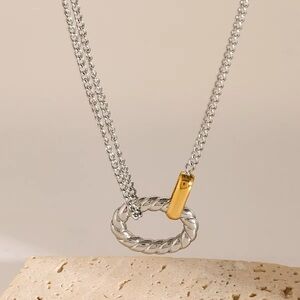 Stainless steel two tone Necklace with Oval Pendant and Delicate Chain